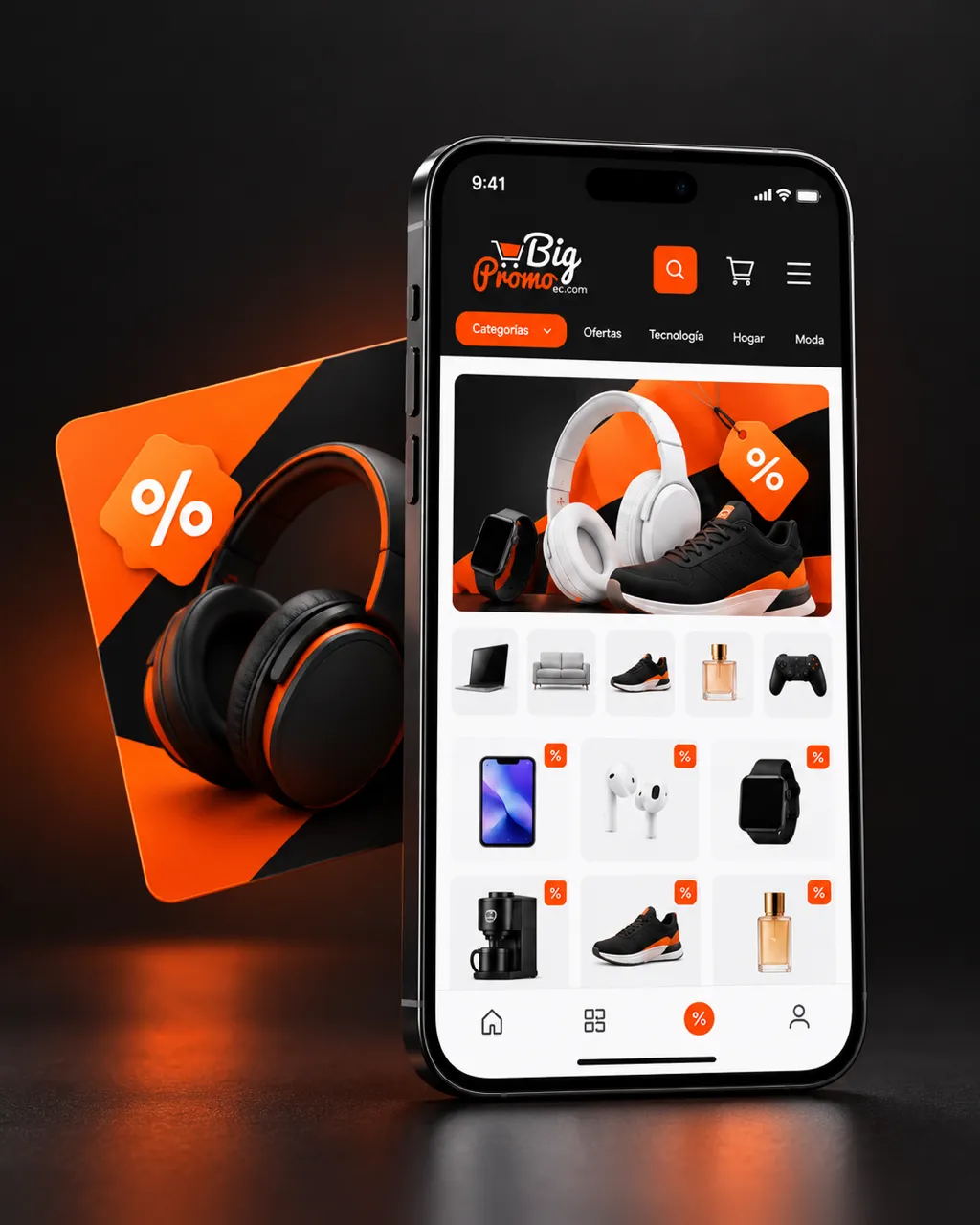 Maqueta de la app de BigPromo en un móvil, con categorías, ofertas destacadas y productos con etiqueta de descuento.