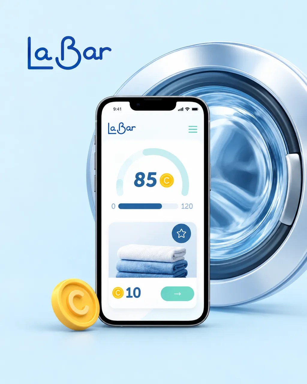 Maqueta de LaBar en un móvil delante de una lavadora: una app con contador de monedas y recompensas.