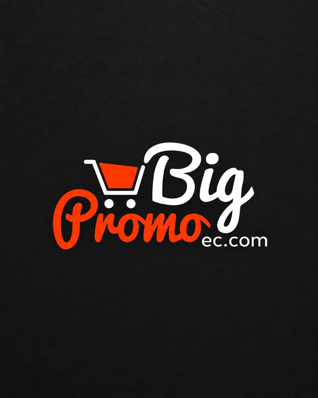 Logotipo de BigPromo: un carrito de compras naranja junto a las palabras “Big Promo” y “ec.com”, sobre fondo negro.