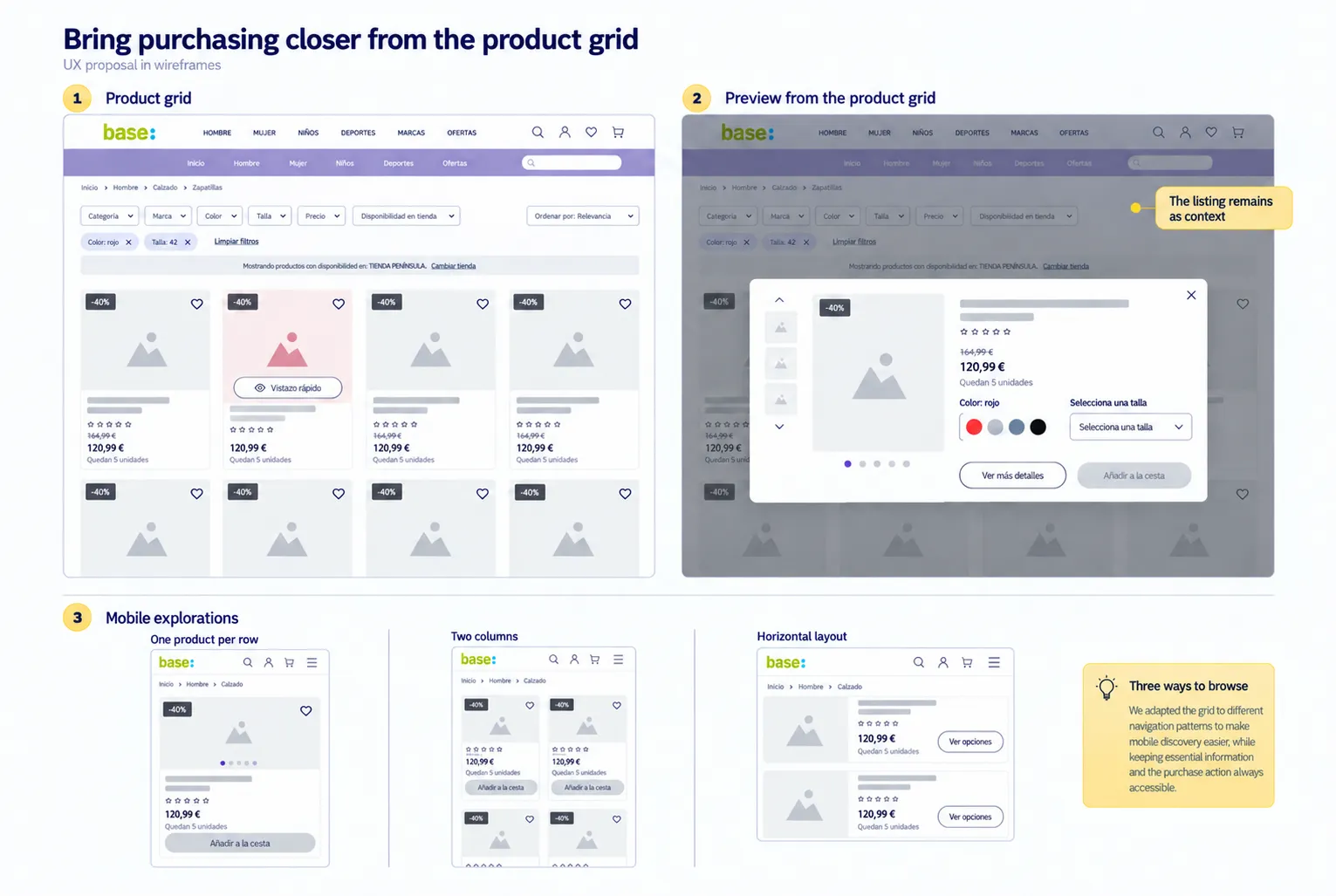 UX proposal for the grid with filters, product cards, and mobile explorations