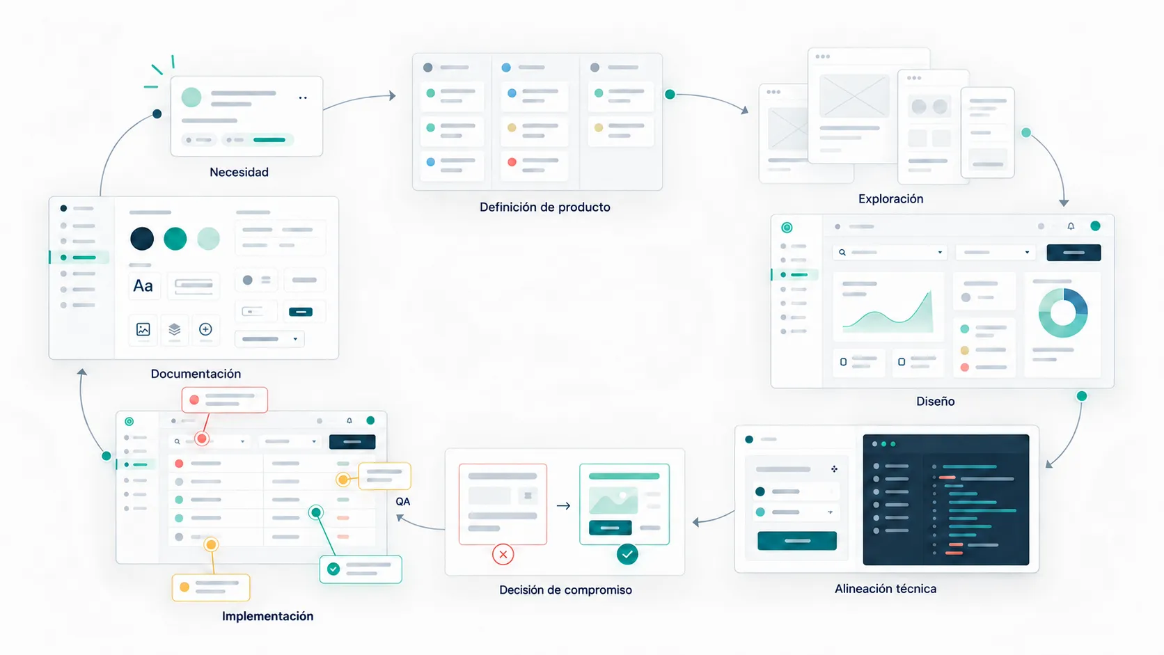 Flujo de colaboración por sprints: de la necesidad y la definición con Product hasta la implementación, el QA y la documentación